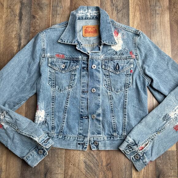 Vintage Replay Denim Jacket Women's Large Blue Made In Italy Grunge Patched 6476 - Picture 1 of 13